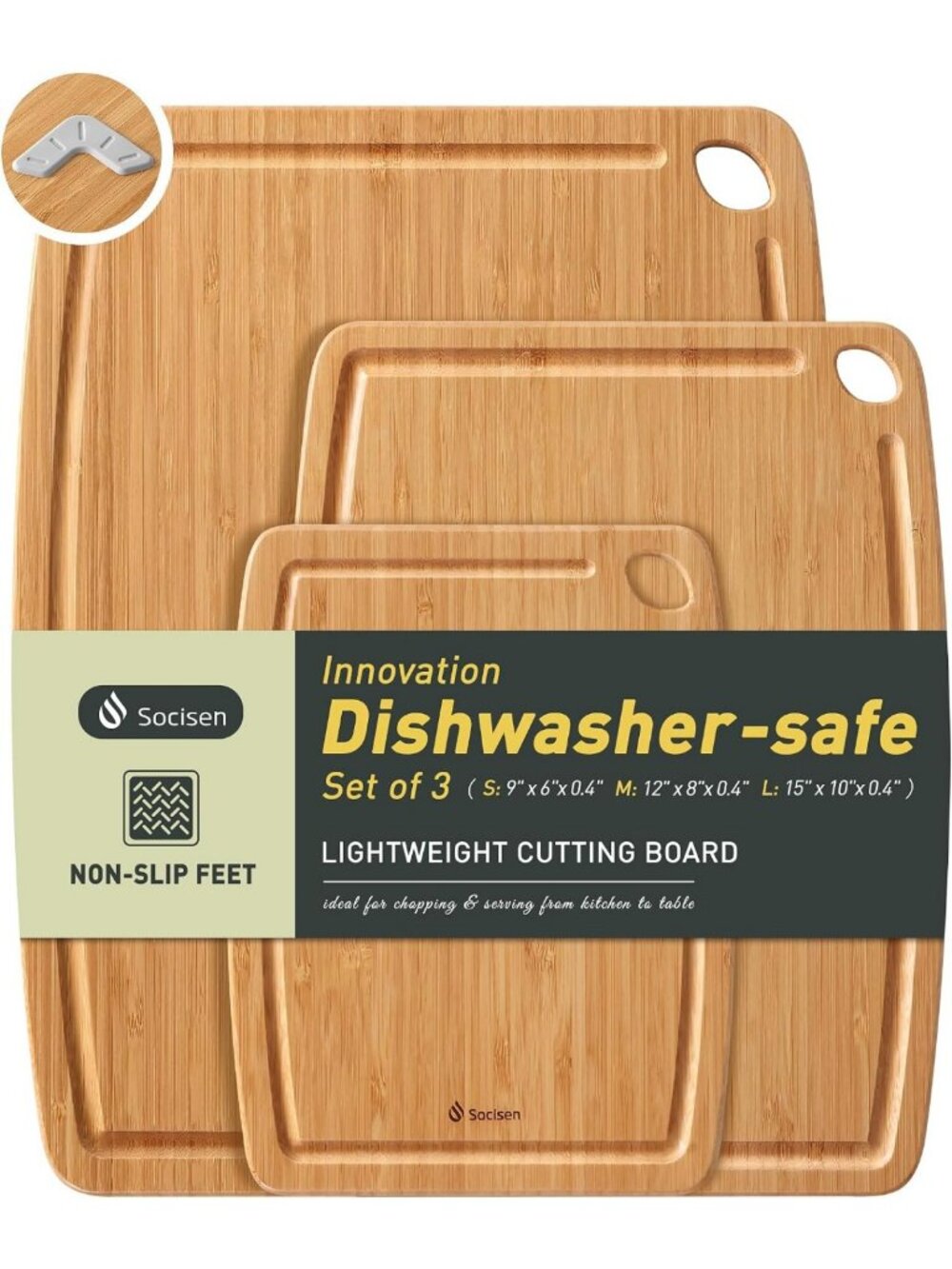 Set of 3 Lightweight Bamboo Cutting Boards - Non-Slip, Easy Clean, Juice Groove
